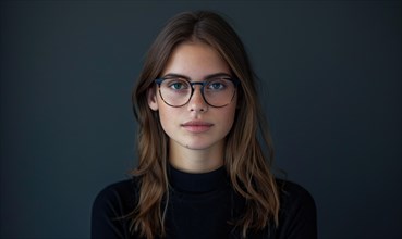 Portrait of a young woman wearing glasses against a neutral background AI generated