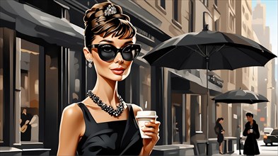 Fashionable newyorker woman in a black dress holding cappuccino to go on a busy urban street,