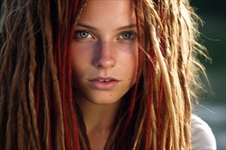 Portrait of young caucasian woman with blond and red dreadlocks hairstyle. KI generiert, generiert