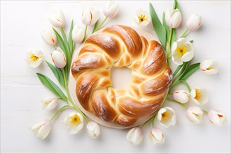 Top view of Italian Easter bread surrounded by white Tulip spring flowers. KI generiert, generiert