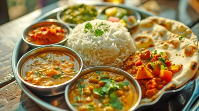 A comforting Indian platter with spicy dishes, naan and rice bathed in sunshine, ai generated, AI