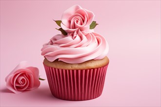 Single cupcake with pink frosting and sugar rose. KI generiert, generiert AI generated