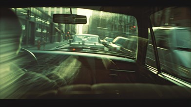 Looking through a car's rearview mirror at city traffic bathed in sunlight, AI generated