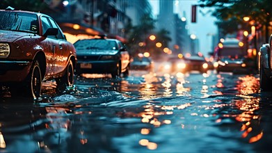 Flooded city street during a hurricane abandoned cars, AI generated