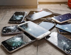 A collection of broken mobile phones with shattered screens on the floor, AI generated, AI