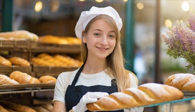 Ai generated, woman, 20, 25, years, shows, bakery, bakery shop, baquette, white bread, France,