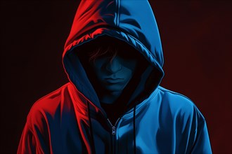 Illustration, teenager with hoodie in gloomy surroundings looks sad, symbolic image for depression