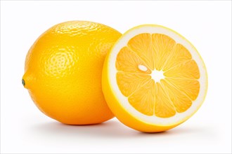 Whoe and halved lemon fruit on white background. KI generiert, generiert AI generated