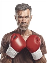 Illustration, an older man with boxing gloves looks confidently and resolutely into the camera,