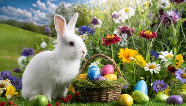 Ai generated, An Easter basket with coloured eggs in a meadow with colourful flowers, in the basket