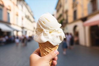 Hand holding white ice cream in cone with blurry city in backgrround. KI generiert, generiert AI