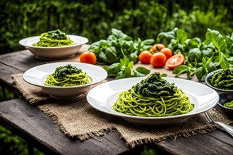 Zucchini noodles spiralized and adorned with homemade pesto sauce, AI generated