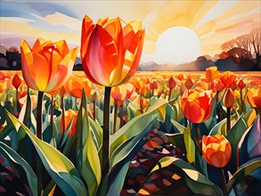 Watercolor painting featuring a tulip field, AI generated