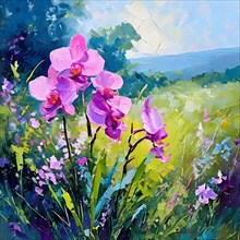 Impressionistic orchid field painting with expressive brush strokes, AI generated