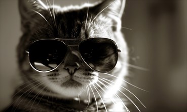 A stylish black and white photo of a cat wearing cool sunglasses AI generated