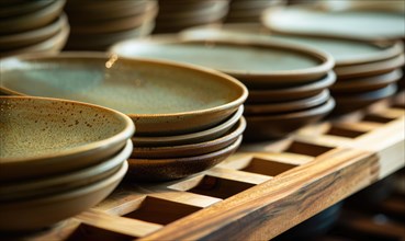 Earthenware ceramic plates on a wooden shelf highlighted by natural, warm light AI generated