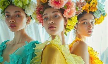 Three young women adorned with floral headpieces exuding ethereal beauty AI generated