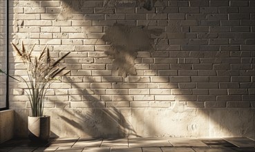 Morning light creates serene shadows on a brick wall with a simple vase as a focal point AI