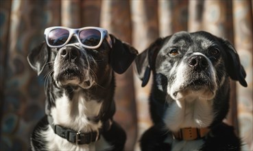 Two stylish dogs with sunglasses on, looking upwards in front of a sunlit curtain AI generated