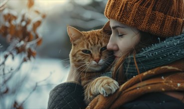 A tranquil moment as a woman holds her orange cat in a wintery scene AI generated