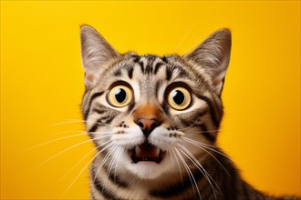Shocked or surprised cat with open mouth in front of yellow studio background. KI generiert,