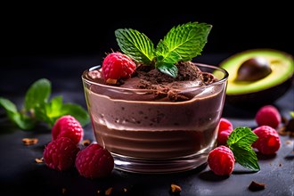 Avocado chocolate mousse with-fresh raspberries and mint leaves, AI generated