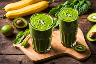 Clear glass containing vibrant green smoothie brimming with spinach kiwi avocado slices, AI