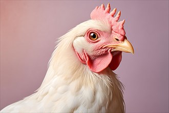 Portrait of white chicken on front of pastel pink and purple studio background. KI generiert,