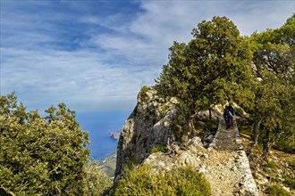 Hikers on a sunny trail alongside cliffs with green trees around, Hiking tour in Taix massiv,