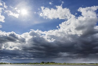 Dramatic changeable weather on the lake with cloudy sky, sun, cloud, light, light mood, atmosphere,