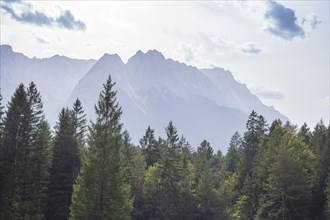 Wetterstein mountains with Zugspitze massif and forest in autumn, hiking trail Kramerplateauweg,