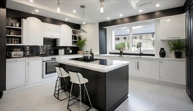 KI generated, A new black and white fitted kitchen has just been installed