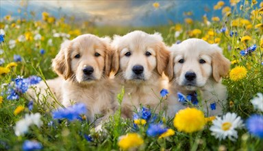 KI generated, Three Golden Retrievers lying in the grass of a flower meadow, young animals, animal