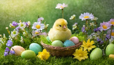 Ai generated, An Easter basket with coloured eggs in a meadow with colourful flowers, a chicken
