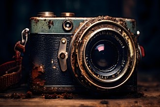 Vintage camera with peeling paint and patches of rust capturing its historical essence, AI