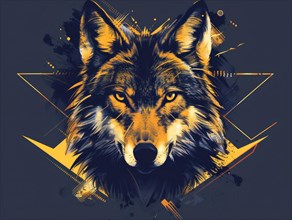 Graphic illustration of a wolf with geometric shapes in navy blue and orange tones, ai generated,