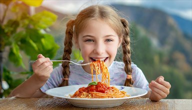 KI generated, A girl, 10, years, eats a plate of spaghetti with relish