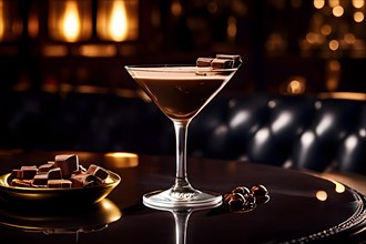 Chocolate martini with a perfect chocolate rim perched on a high gloss bar, AI generated