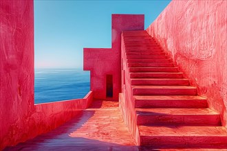 Bold monochromatic red architectural structure with a staircase overlooking the sea, AI generated