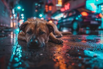 An abandoned, stray, young mixed-breed dog lies on a wet road at night and looks sad, AI generated,