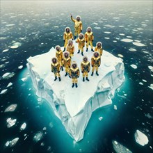 Aerial view of group people wearing yellow winter garment standing on a large block of ice in the