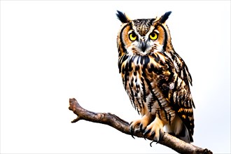 European eagle owl large piercing eyes on a branch, isolated on white background, AI generated