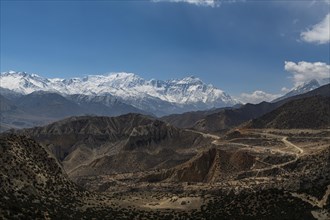 Barren mountain scenery before the Annapurna mountain range, Kingdom of Mustang, Nepal, Asia