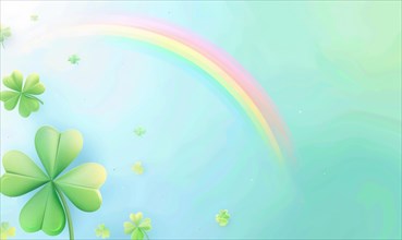 Soft-hued rainbow with scattered clovers on a gentle light background AI generated