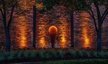 Strategic lighting enhances the architectural features of a brick wall and trees at night AI