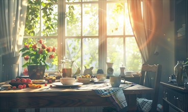 Breakfast table bathed in morning light, surrounded by flowers and comfortable touches AI generated