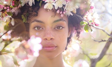 Close-up of a woman amid blooming spring flowers with soft light AI generated