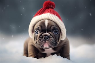 Young Fernch Bulldogd og puppy with red and white knitted winter hat in snow. KI generiert,