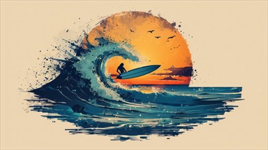 Silhouette of a surfer riding a vibrant wave at sunset with splatter effects, ai generated, AI