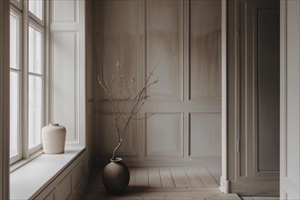 Elegant interior in neutral tones featuring a vase with a dried branch against panelled walls, AI